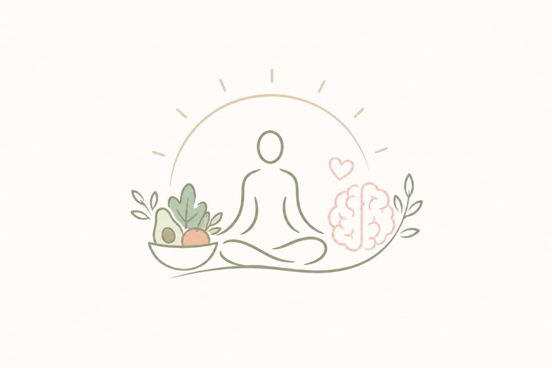 Illustration OPALIA : silhouette en méditation entourée d'aliments sains et d'un cerveau, symbolisant l'équilibre corps-esprit-alimentation